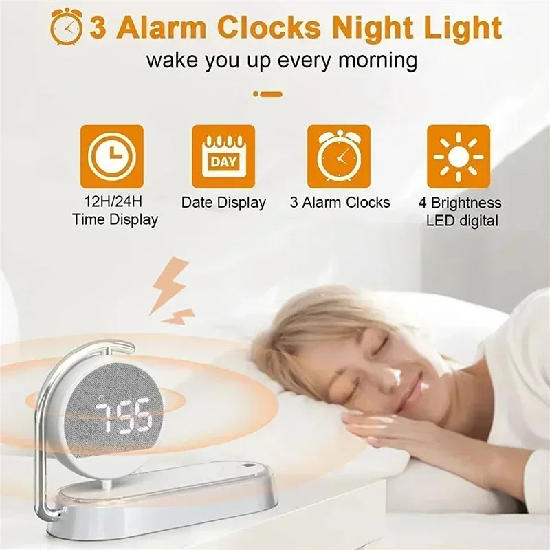 360° Rotating LED Night Light with Clock, Alarm, and Wireless Charger – Ideal for Bedroom and Mobile Devices