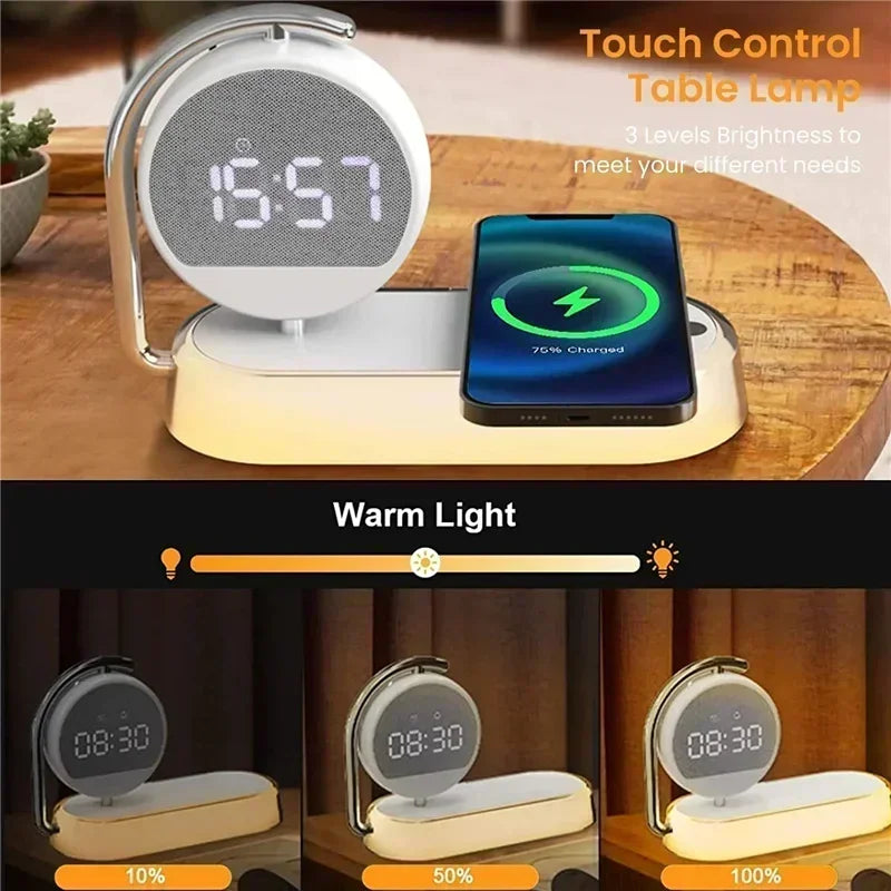 360° Rotating LED Night Light with Clock, Alarm, and Wireless Charger – Ideal for Bedroom and Mobile Devices