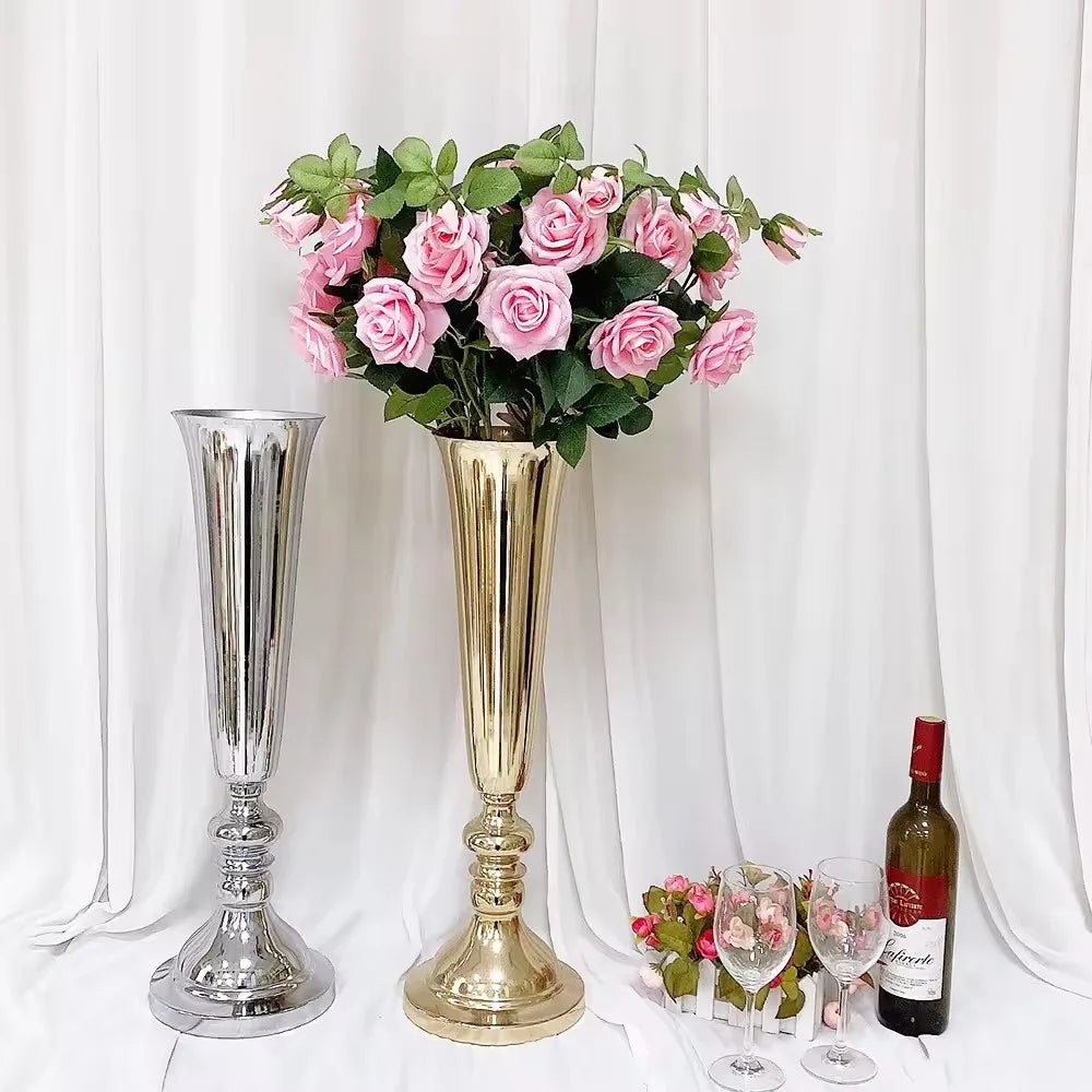 10pcs )Tall 60cm/50cm/70cm/80cm/100cm)Wedding Centerpiece Table Decorations Gold Trumpet Vases For Party Tall Metal Flower Vase