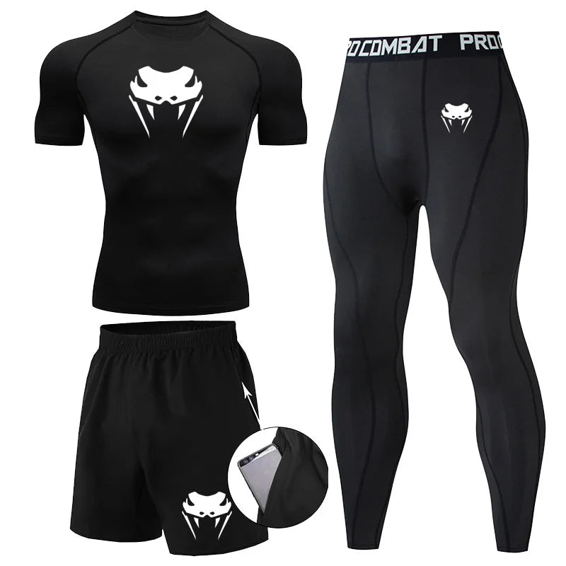 Men Compression Set MMA Long or Short Sleeve T-shirt Men's Tight Pants Fitness Bodybuilding Clothes Rashguard Sports Suits