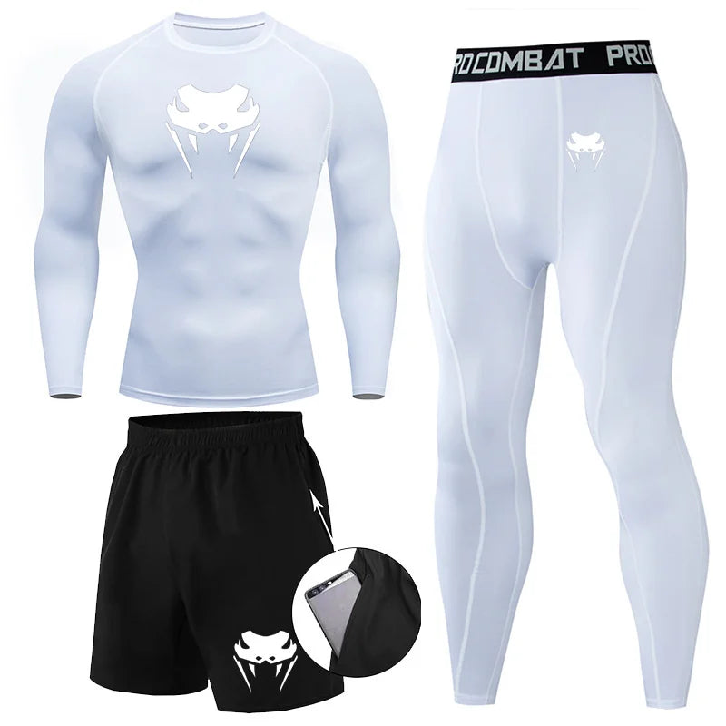 Men Compression Set MMA Long or Short Sleeve T-shirt Men's Tight Pants Fitness Bodybuilding Clothes Rashguard Sports Suits