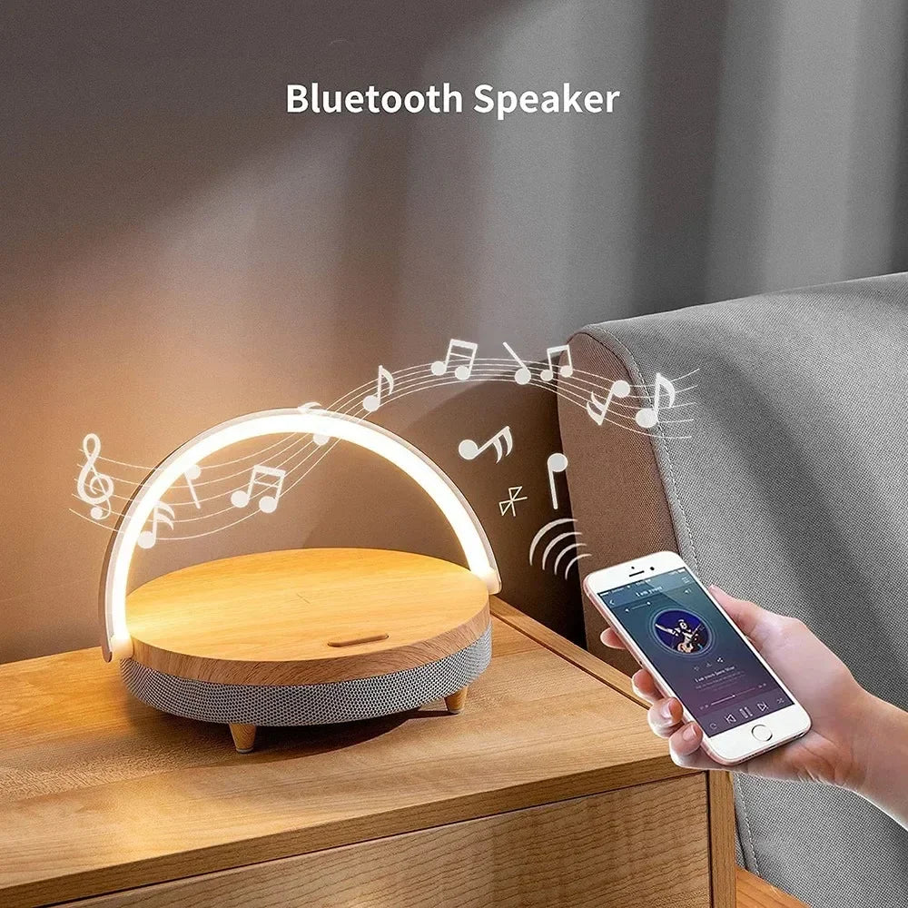 COSLUR S21Pro Bluetooth Speaker with 1800mAh Battery, 15W Wireless Charging, Adjustable Night Light, and Phone Holder