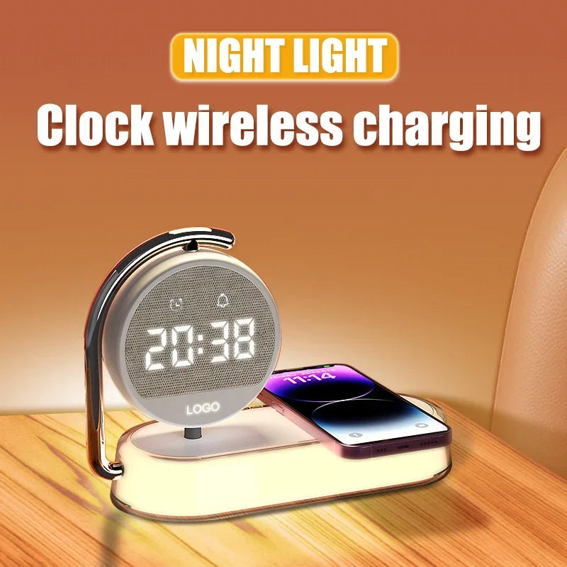 360° Rotating LED Night Light with Clock, Alarm, and Wireless Charger – Ideal for Bedroom and Mobile Devices