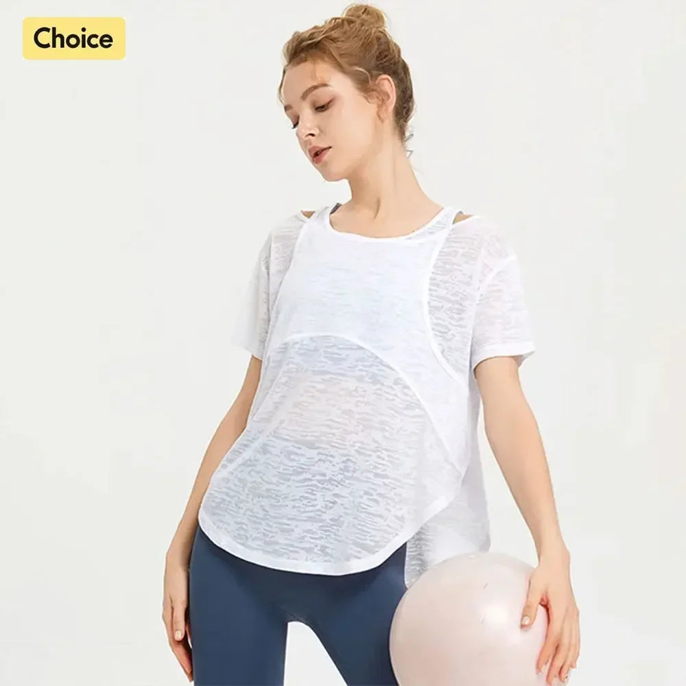 Stown Sportswear Women's Fitness Clothing T-shirt Short Sleeve Fake Two Woman Yoga Outfit Cotton Sports Tops Woman Gym