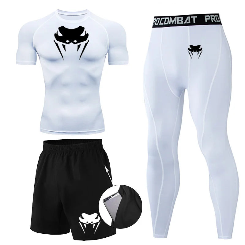 Men Compression Set MMA Long or Short Sleeve T-shirt Men's Tight Pants Fitness Bodybuilding Clothes Rashguard Sports Suits