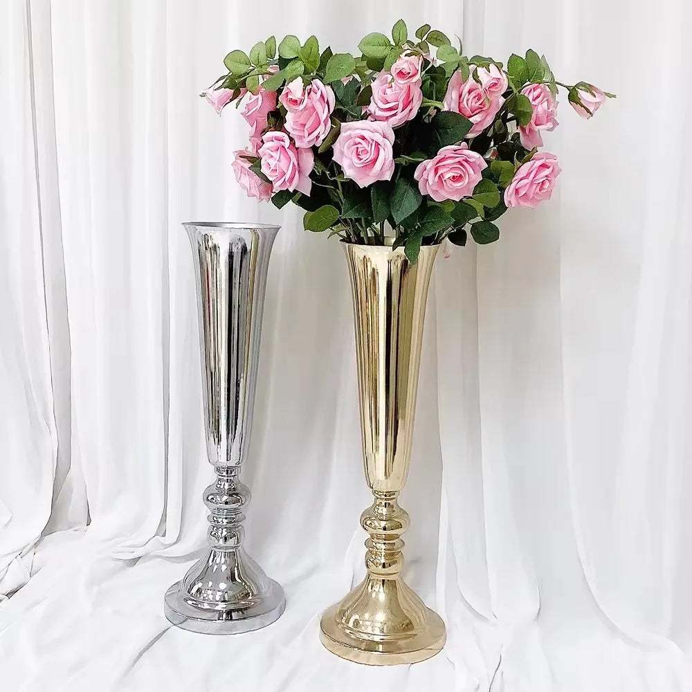 10pcs )Tall 60cm/50cm/70cm/80cm/100cm)Wedding Centerpiece Table Decorations Gold Trumpet Vases For Party Tall Metal Flower Vase