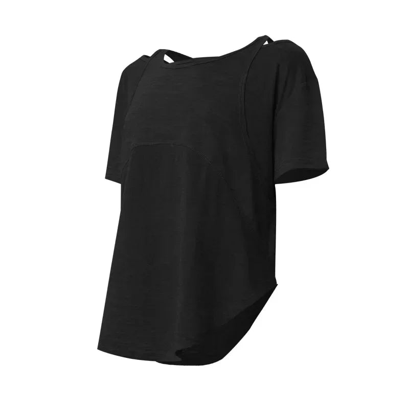 Stown Sportswear Women's Fitness Clothing T-shirt Short Sleeve Fake Two Woman Yoga Outfit Cotton Sports Tops Woman Gym