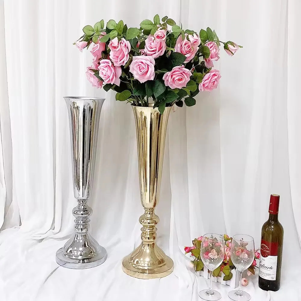 10pcs )Tall 60cm/50cm/70cm/80cm/100cm)Wedding Centerpiece Table Decorations Gold Trumpet Vases For Party Tall Metal Flower Vase