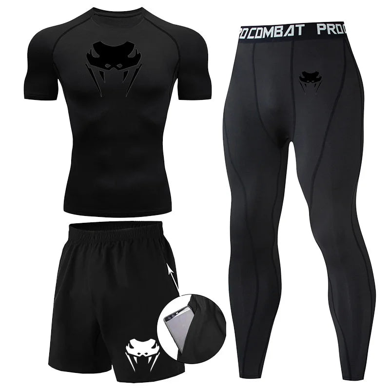 Men Compression Set MMA Long or Short Sleeve T-shirt Men's Tight Pants Fitness Bodybuilding Clothes Rashguard Sports Suits