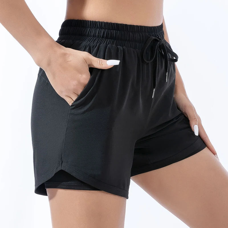 Loose sports shorts women's high-waisted double-layer anti-slip yoga fitness pants running fast dry training outside wearing hot