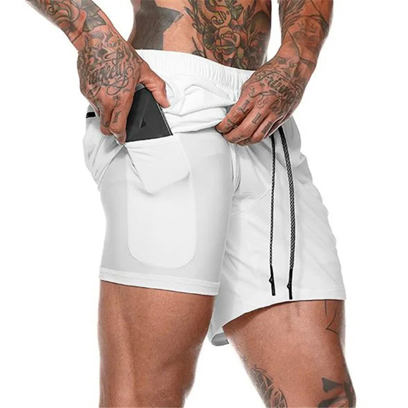 Men Sport Shorts  Sportswear Double-deck Running Shorts 2 In 1 Beach Bottoms Summer Gym Fitness Training Jogging Short Pants Men