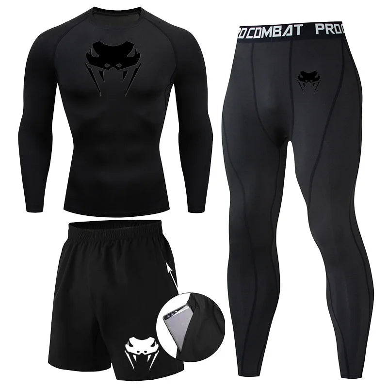 Men Compression Set MMA Long or Short Sleeve T-shirt Men's Tight Pants Fitness Bodybuilding Clothes Rashguard Sports Suits