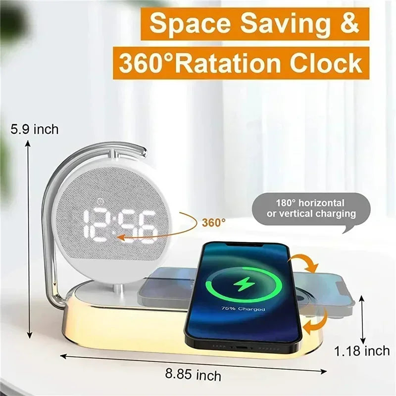 360° Rotating LED Night Light with Clock, Alarm, and Wireless Charger – Ideal for Bedroom and Mobile Devices