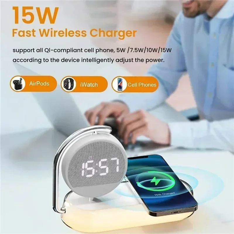 360° Rotating LED Night Light with Clock, Alarm, and Wireless Charger – Ideal for Bedroom and Mobile Devices