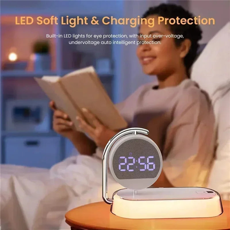 360° Rotating LED Night Light with Clock, Alarm, and Wireless Charger – Ideal for Bedroom and Mobile Devices