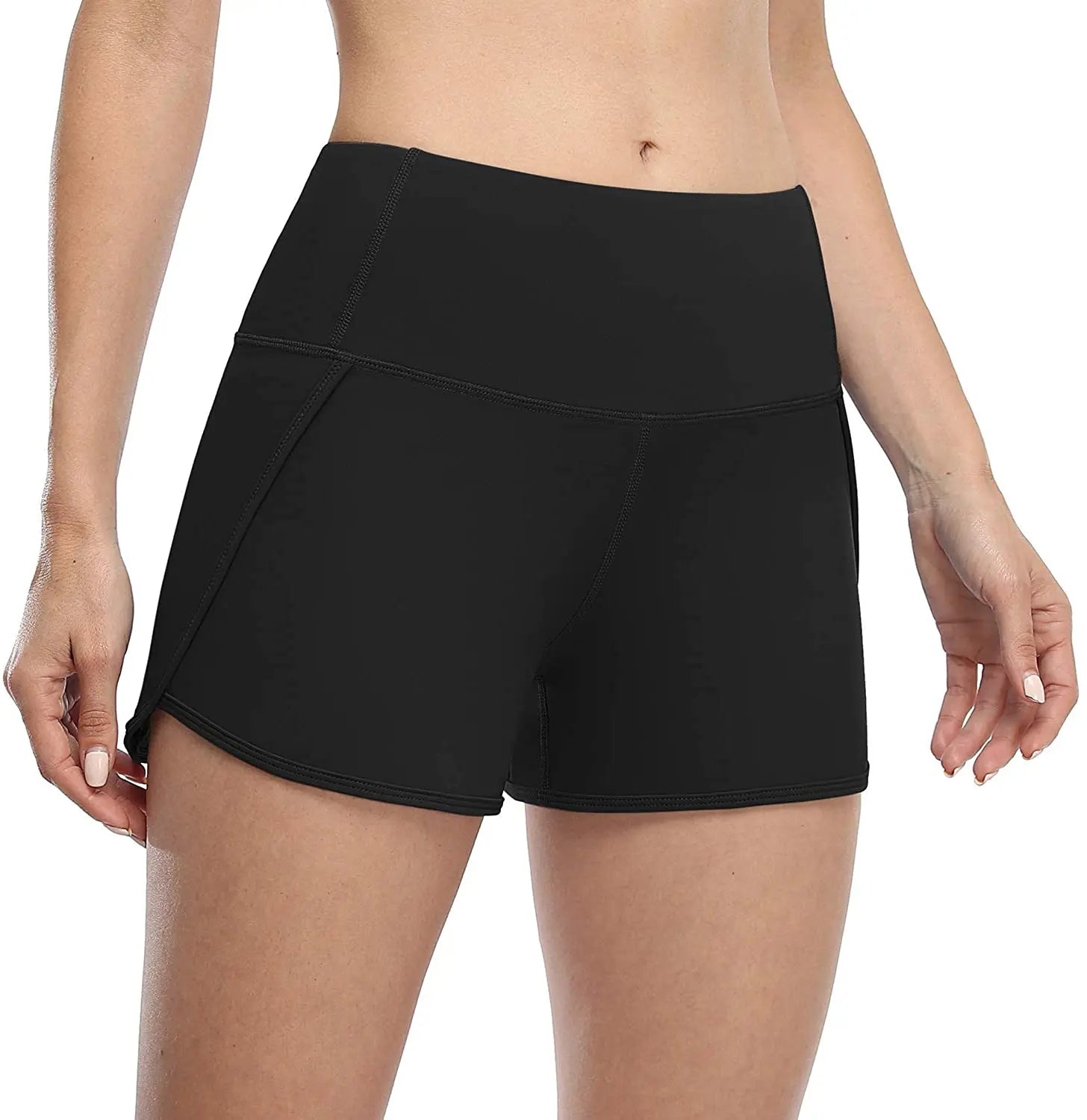 Anfilia Women Yoga Shorts Running Jogging Solid Gym Wear Mid-Waist Soft with Back Pockets Sports Shorts