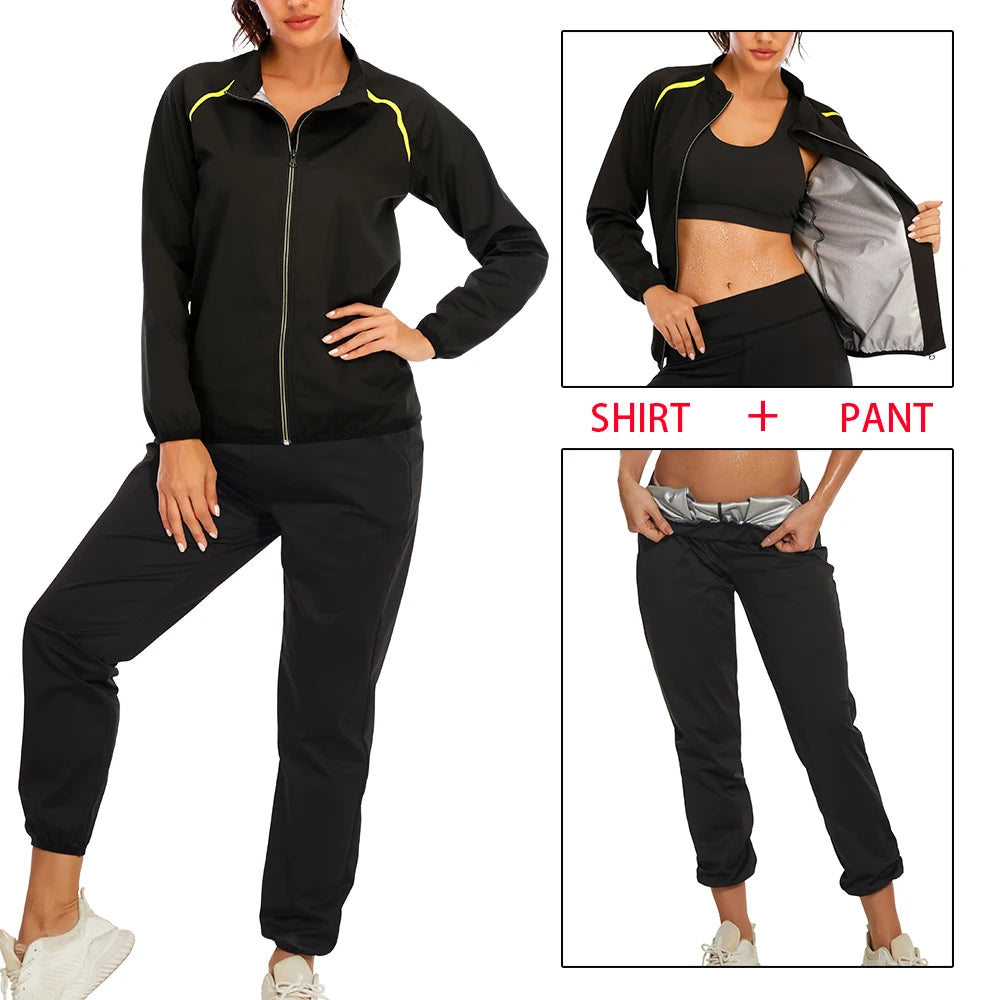 SEXYWG Women Sauna Suit for Weight Loss Sweat Top Pants Fitness Jacket Leggings Thermo Long Sleeves Trousers Body Shaper Gym