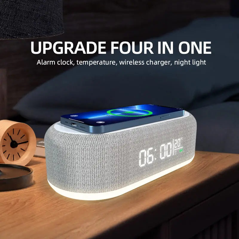 15W Wireless Charging Pad & Stand with Alarm Clock, Night Light, Temperature Display, and Fast Charging for Desk and Bedroom